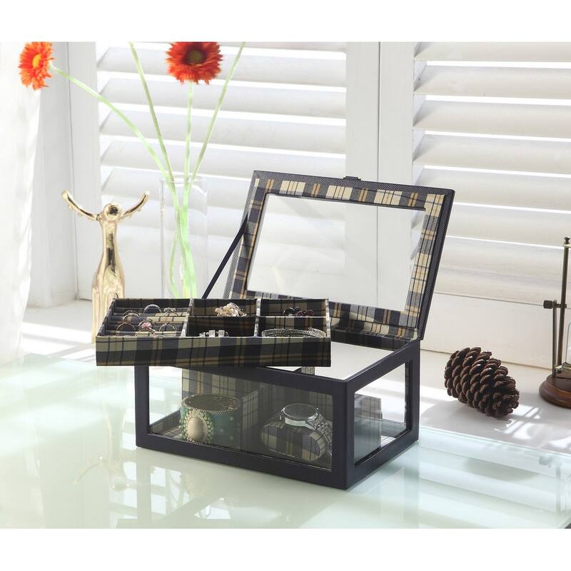 9.8" Long Tempered Glass and Leather Jewelry Case & Watch Display